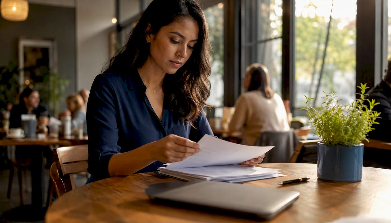 Woman organizing resume pages at standing desk