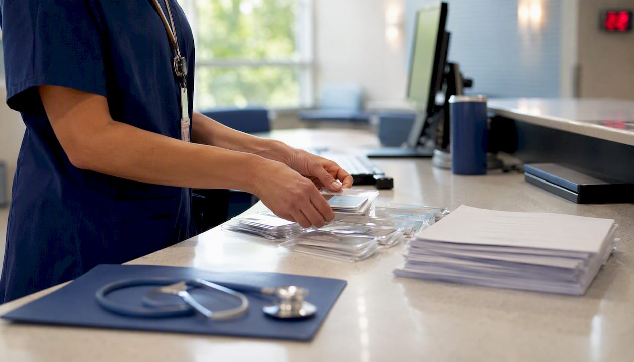 Hands organizing nurse shift assignments