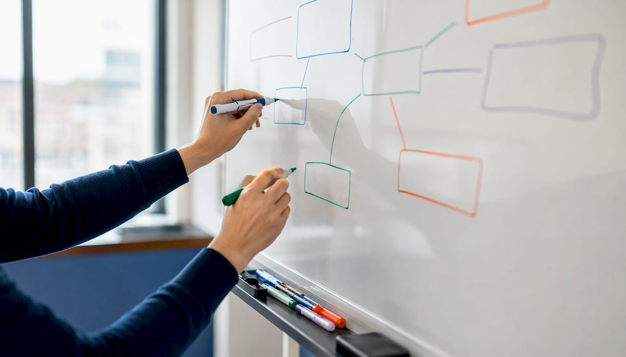 Hands writing outcome-focused job responsibilities on whiteboard