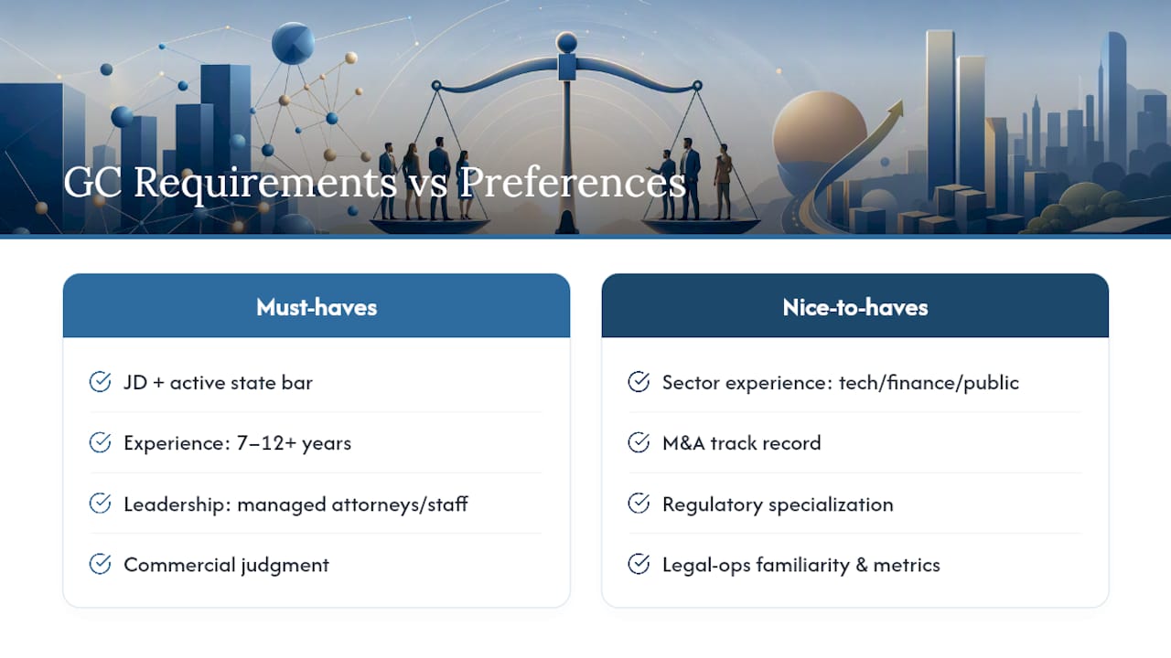 Diagram comparing essential and preferred General Counsel skills